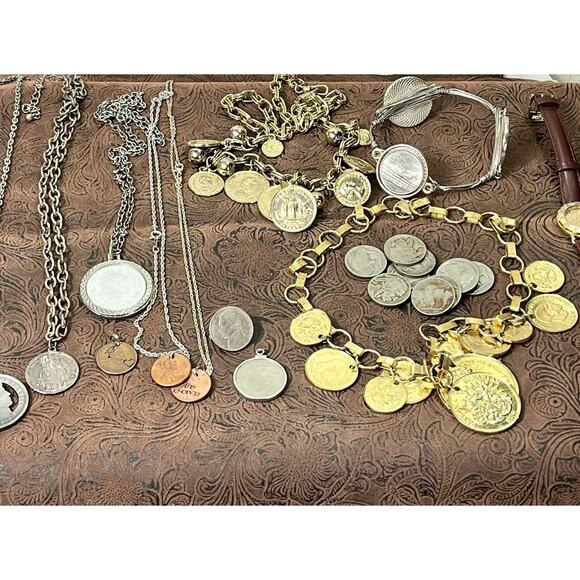 Large Mixed Metals Coin Jewelry Lot 22 Necklaces Bracelets Pendants Watch Coins - Picture 10 of 15